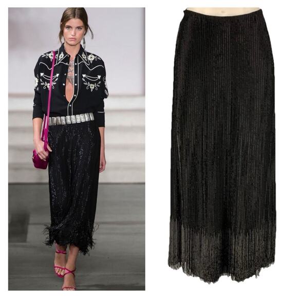 Ralph Lauren Collection Purple Label Beaded Skirt Black Silk Fringe Midi Runway - Picture 1 of 11